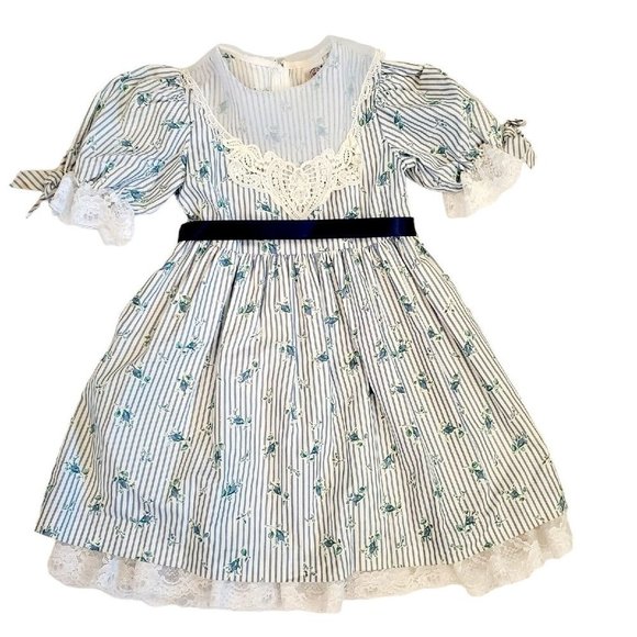 Vintage 90s Girls White Blue Floral Striped Bib Collar Party Dress w Hat Sz 5 - Picture 3 of 14